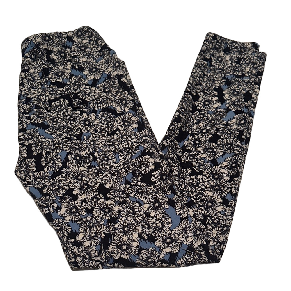 LuLaRoe Blue and Black One Size Floral Leggings